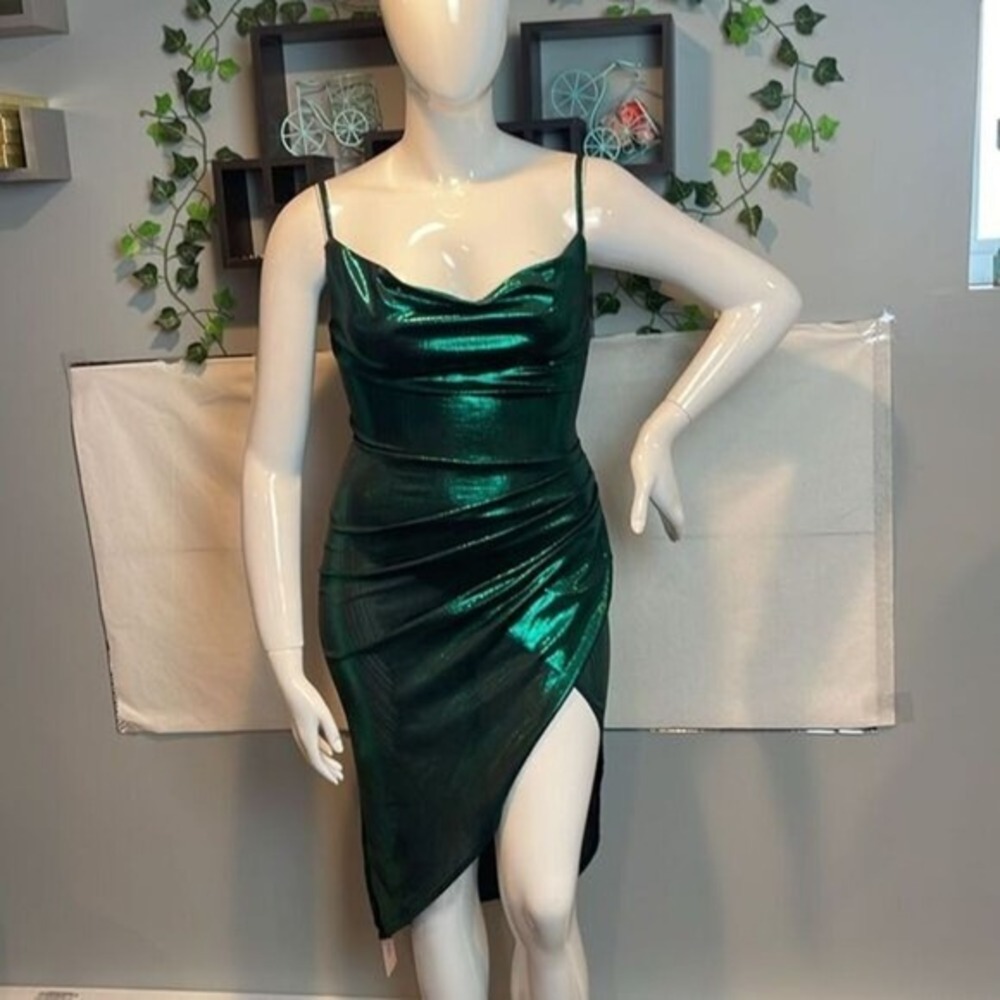 Micas Metallic Draped Neck‎ Ruched Wrap Green  Mini Dress Size Large